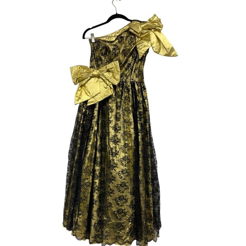 Vintage 80s Evening Glam Dress Gold Black Lace Floral BIG Bows One Shoulder XS